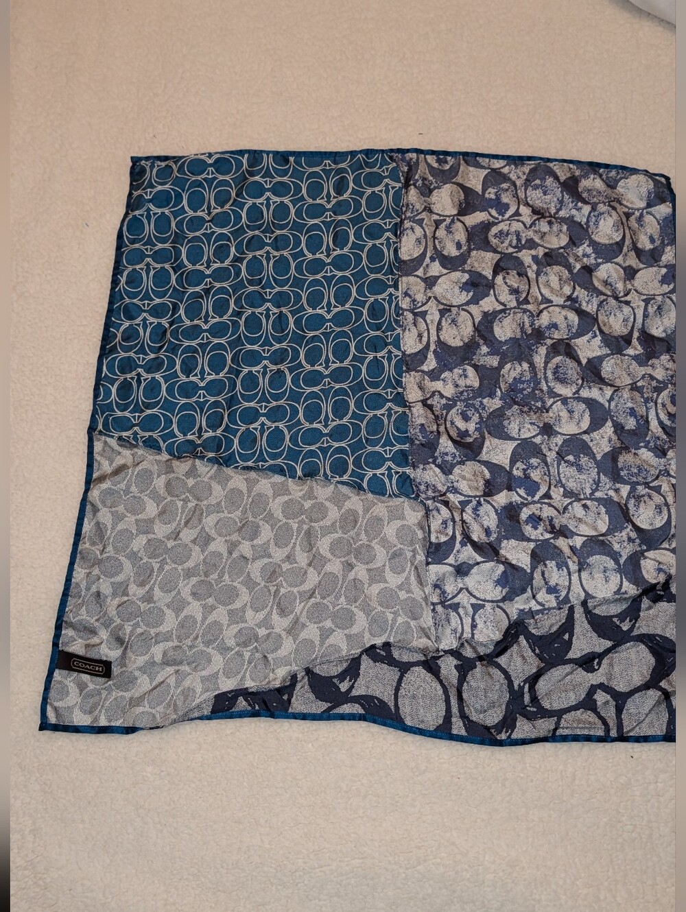 Coach Crystal Logo Patchwork Patterned Square Scarf Multi-Print  Blue Black VGUC - Picture 3 of 11